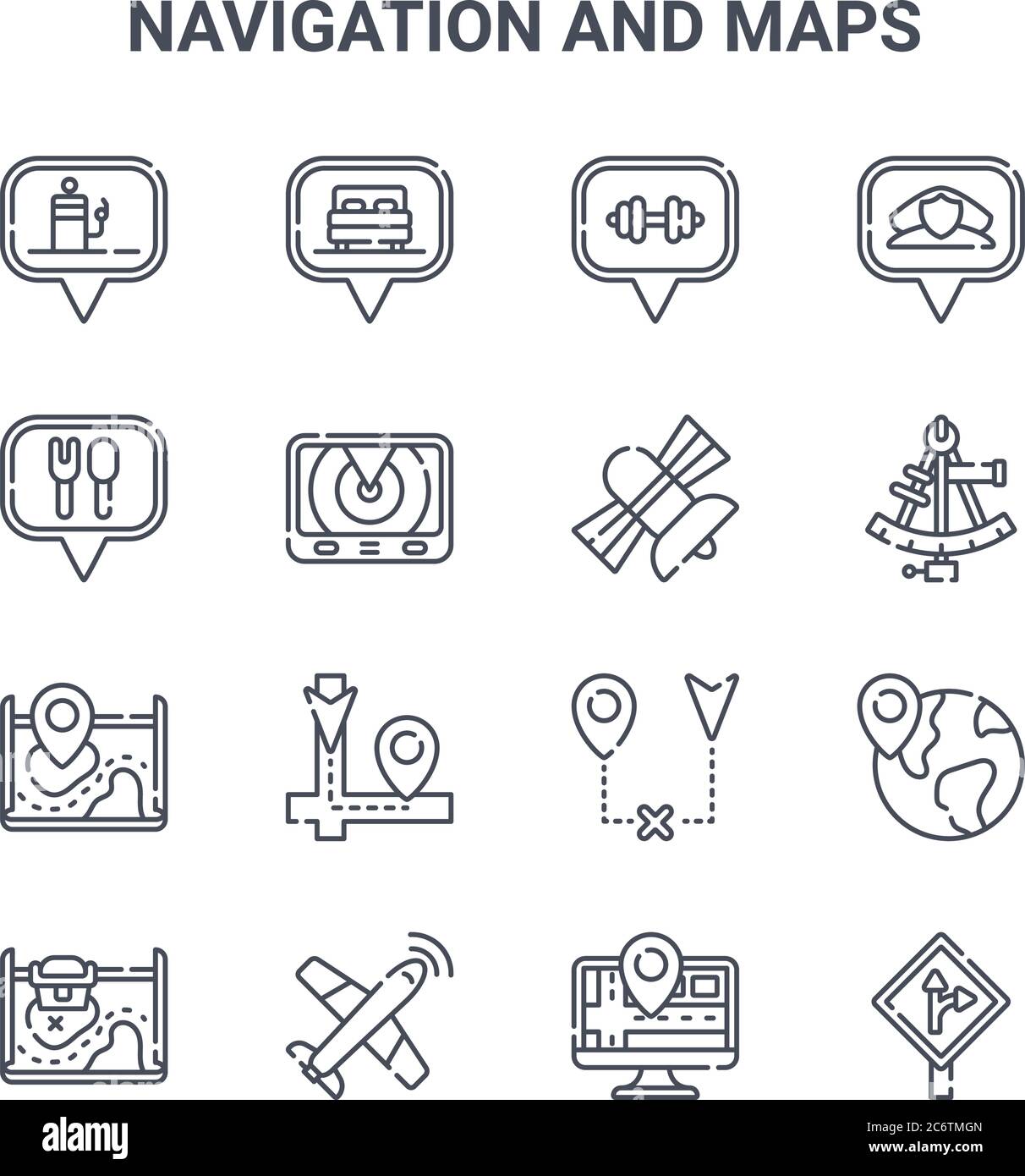 set of 16 navigation and maps concept vector line icons. 64x64 thin stroke icons such as hotel, restaurant, sextant, broken, airplane, turn right, tra Stock Vector