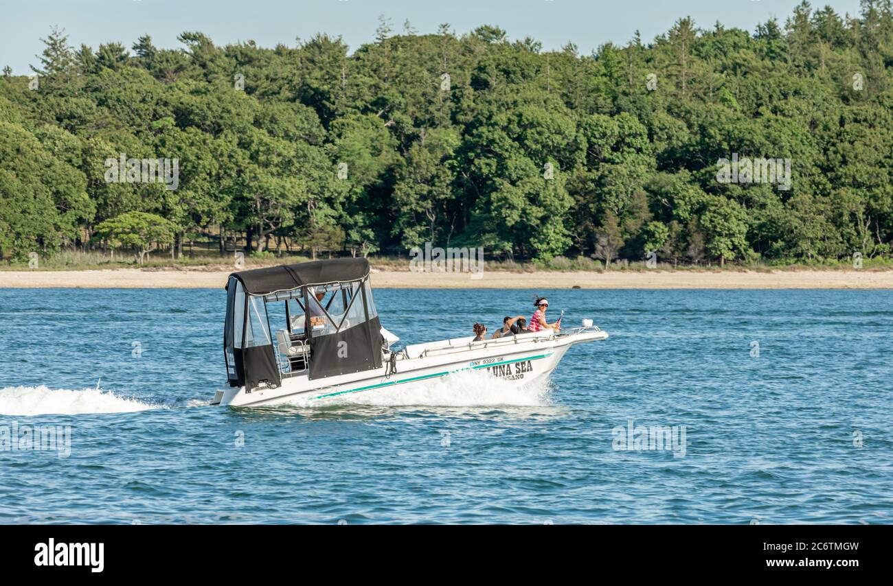 Family boating in Eastern Long Island, NY Stock Photo