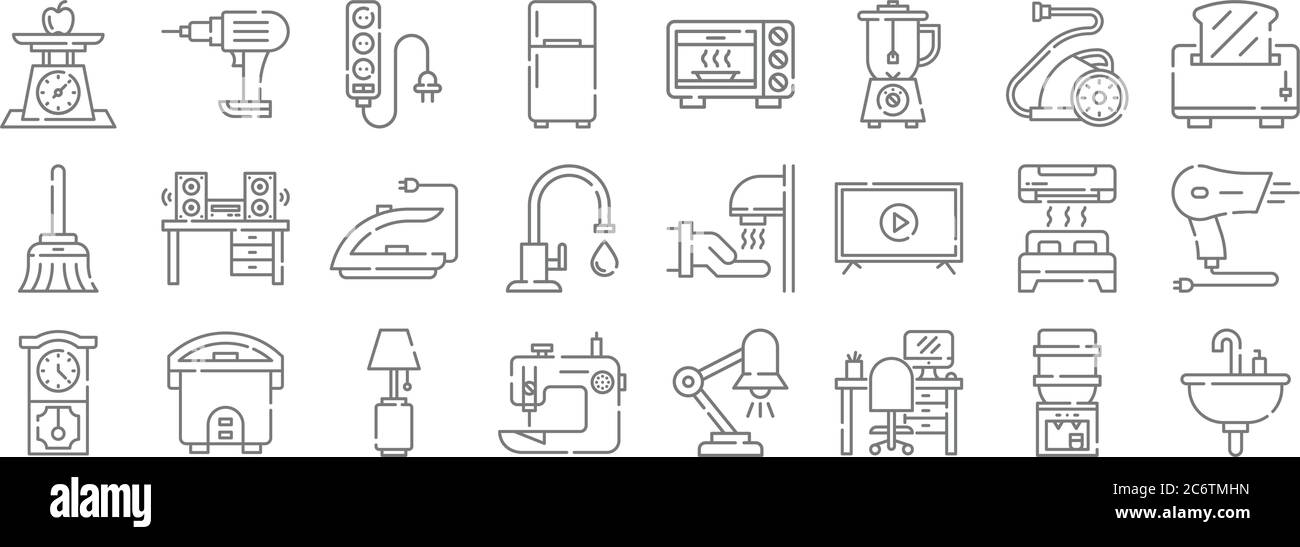 home appliances line icons. linear set. quality vector line set such as sink, workplace, sewing machine, wall clock, hotel, iron, toaster, microwave, Stock Vector