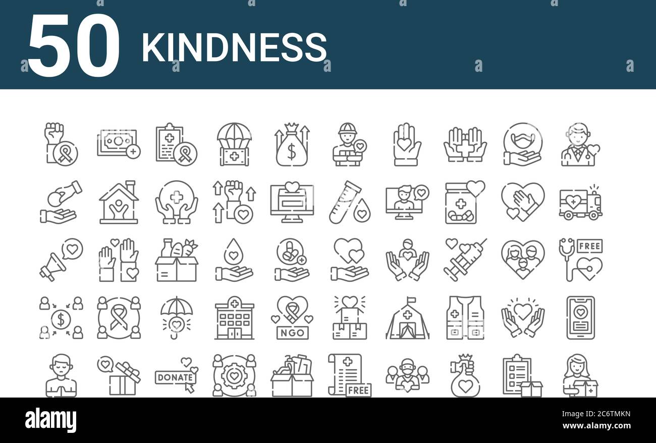 set of 50 kindness icons. outline thin line icons such as donors, praying, crowdfunding, megaphone, generous, payment, heart Stock Vector