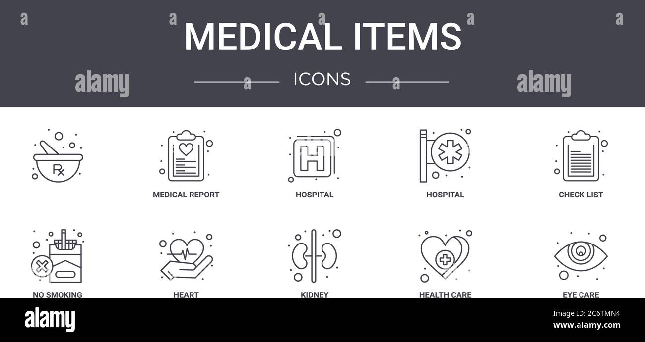 medical items concept line icons set. contains icons usable for web, logo, ui/ux such as medical report, hospital, no smoking, kidney, health care, ey Stock Vector