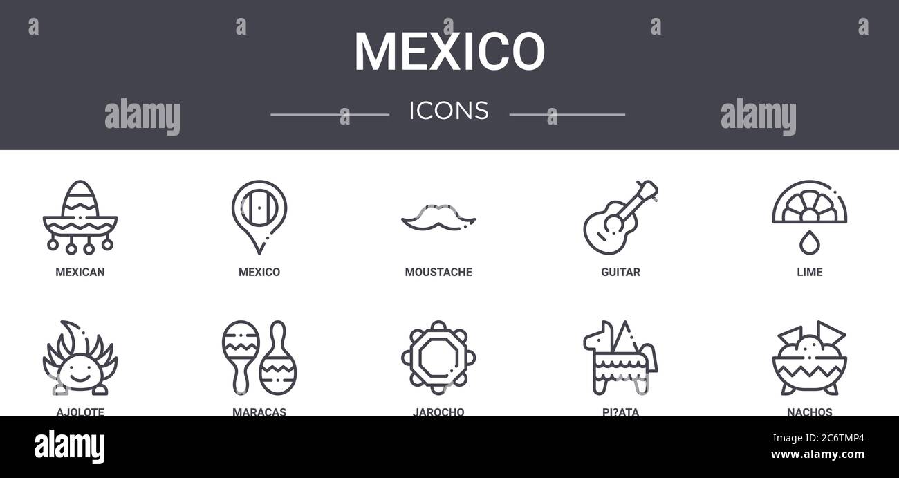 mexico concept line icons set. contains icons usable for web, logo, ui/ux such as mexico, guitar, ajolote, jarocho, pi?ata, nachos, lime, moustache Stock Vector
