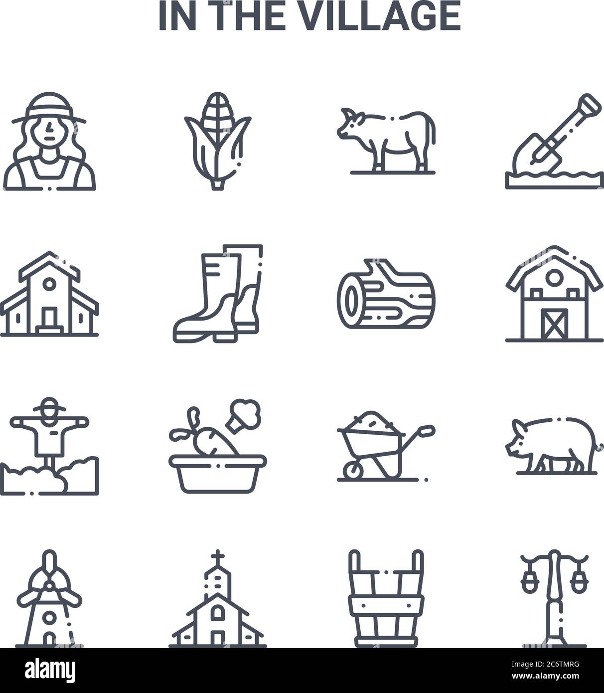 set of 16 in the village concept vector line icons. 64x64 thin stroke ...