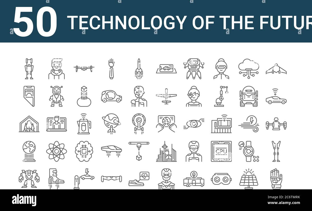set of 50 technology of the future icons. outline thin line icons such ...