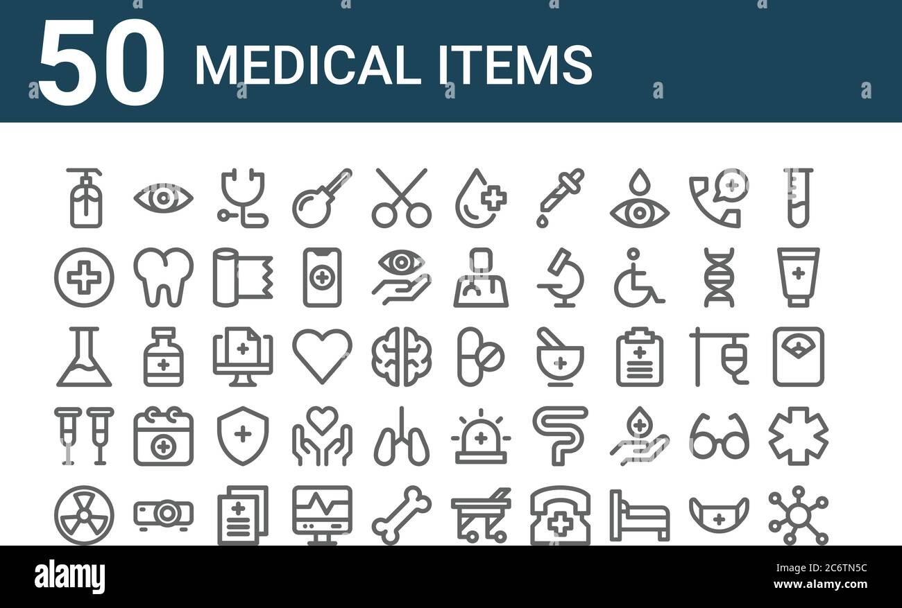 set of 50 medical items icons. outline thin line icons such as virus ...