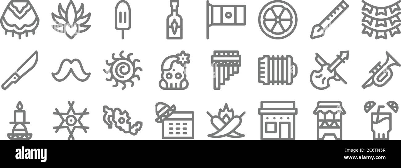 cinco de mayo line icons. linear set. quality vector line set such as tequila, house, cinco de mayo, candle, violin, sun, garland, mexican flag, agave Stock Vector