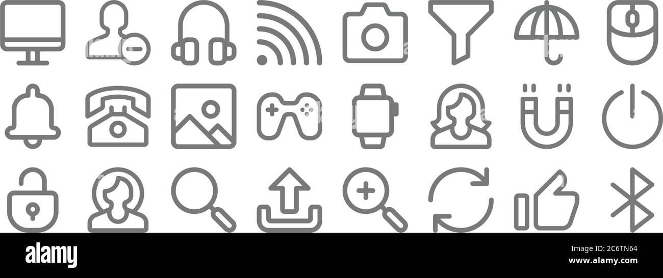 user interface line icons. linear set. quality vector line set such as tooth, sync, upload, unlocked, magnet, photo, mouse, camera, remove user Stock Vector