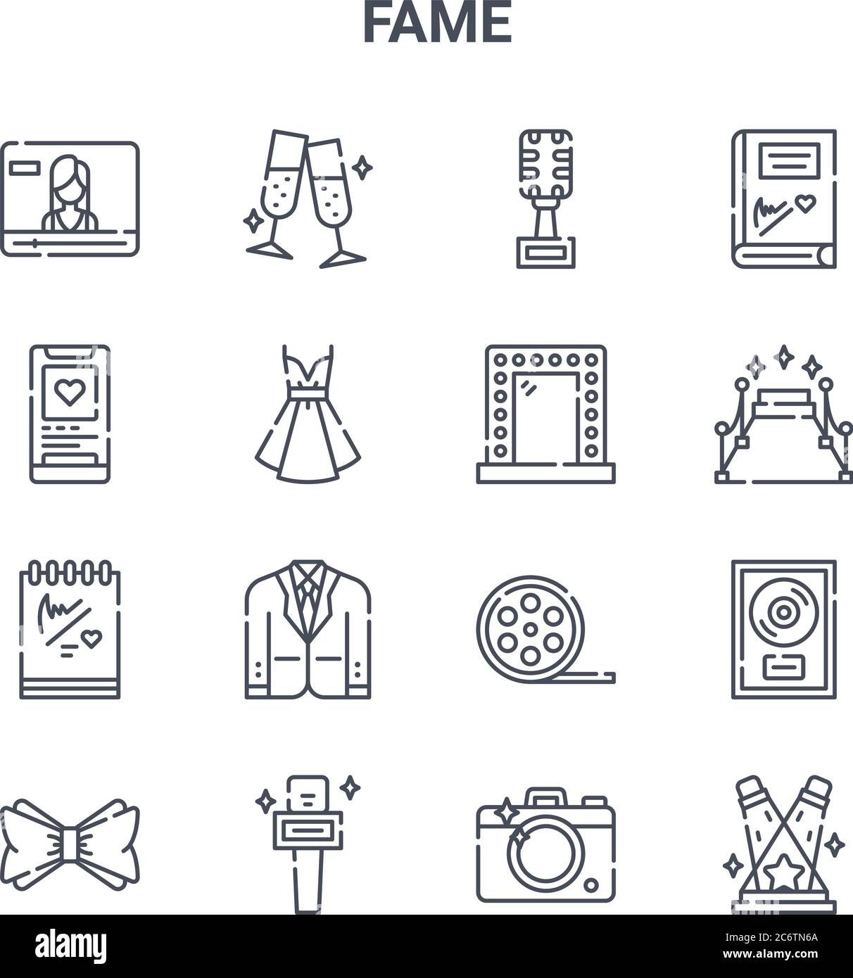 set of 16 fame concept vector line icons. 64x64 thin stroke icons such ...