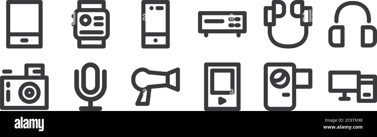 12 set of linear electronics icons. thin outline icons such as personal computer, mp player, microphone, earphone, smartphone, smartwatch for web, mob Stock Vector