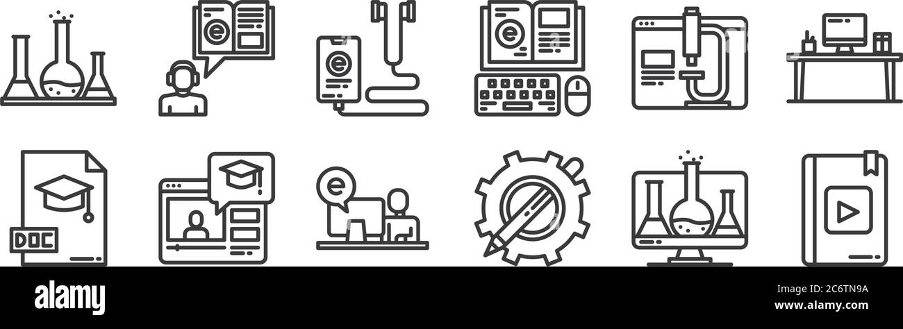 12 set of linear elearning icons. thin outline icons such as ebook, sketch, online learning, online education, elearning, audio book for web, mobile Stock Vector