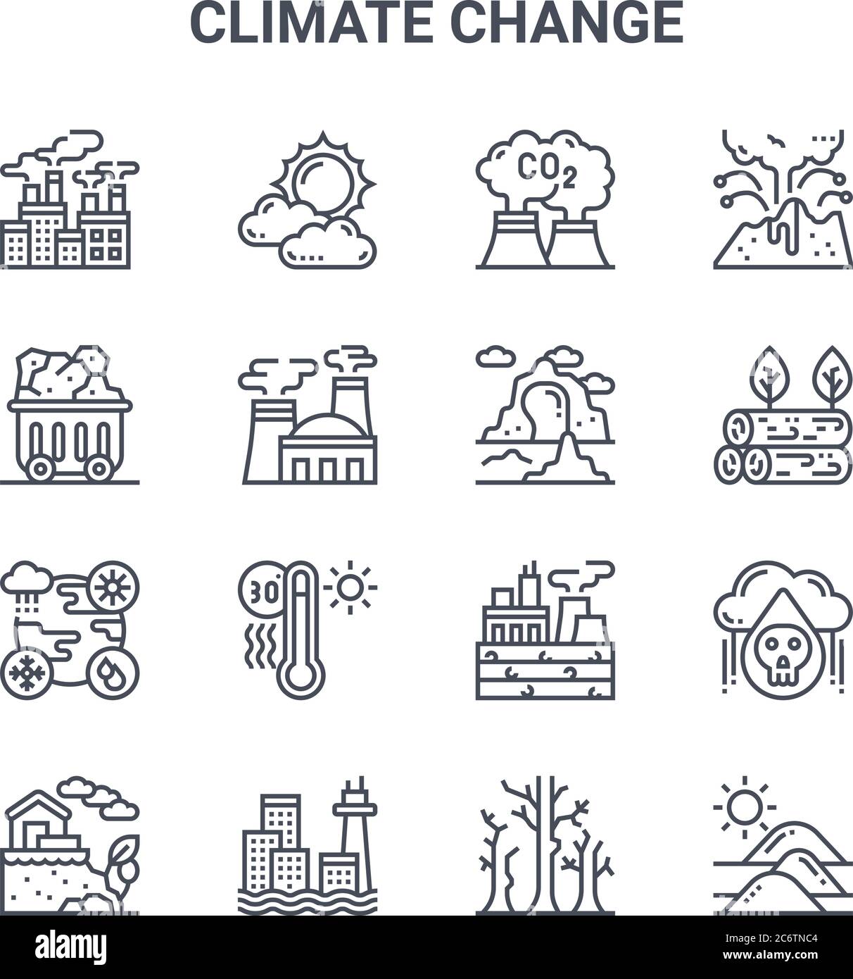 set of 16 climate change concept vector line icons. 64x64 thin stroke icons such as sun, coal, deforestation, fossil fuels, sea level, desert, dead tr Stock Vector
