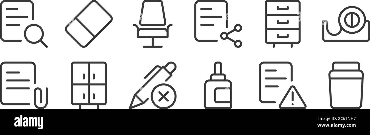 12 set of linear work office supply icons. thin outline icons such as container, ink cartridge, cabinet, file cabinet, chair, eraser for web, mobile Stock Vector