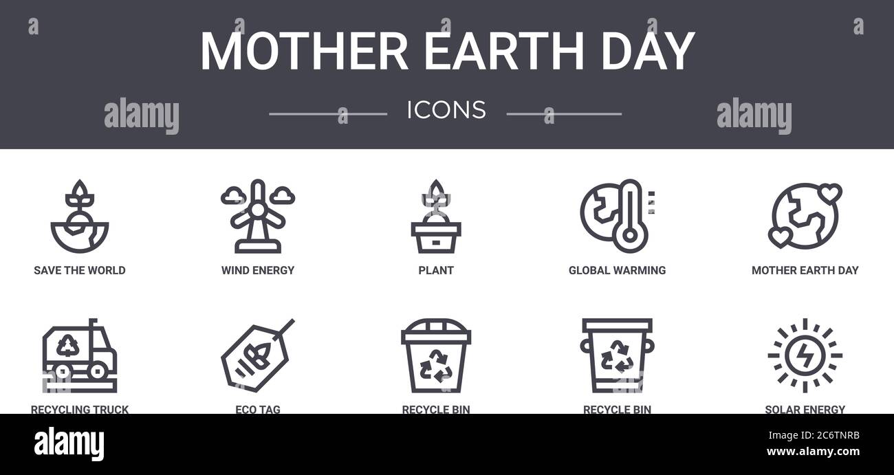 mother earth day concept line icons set. contains icons usable for web, logo, ui/ux such as wind energy, global warming, recycling truck, recycle bin, Stock Vector