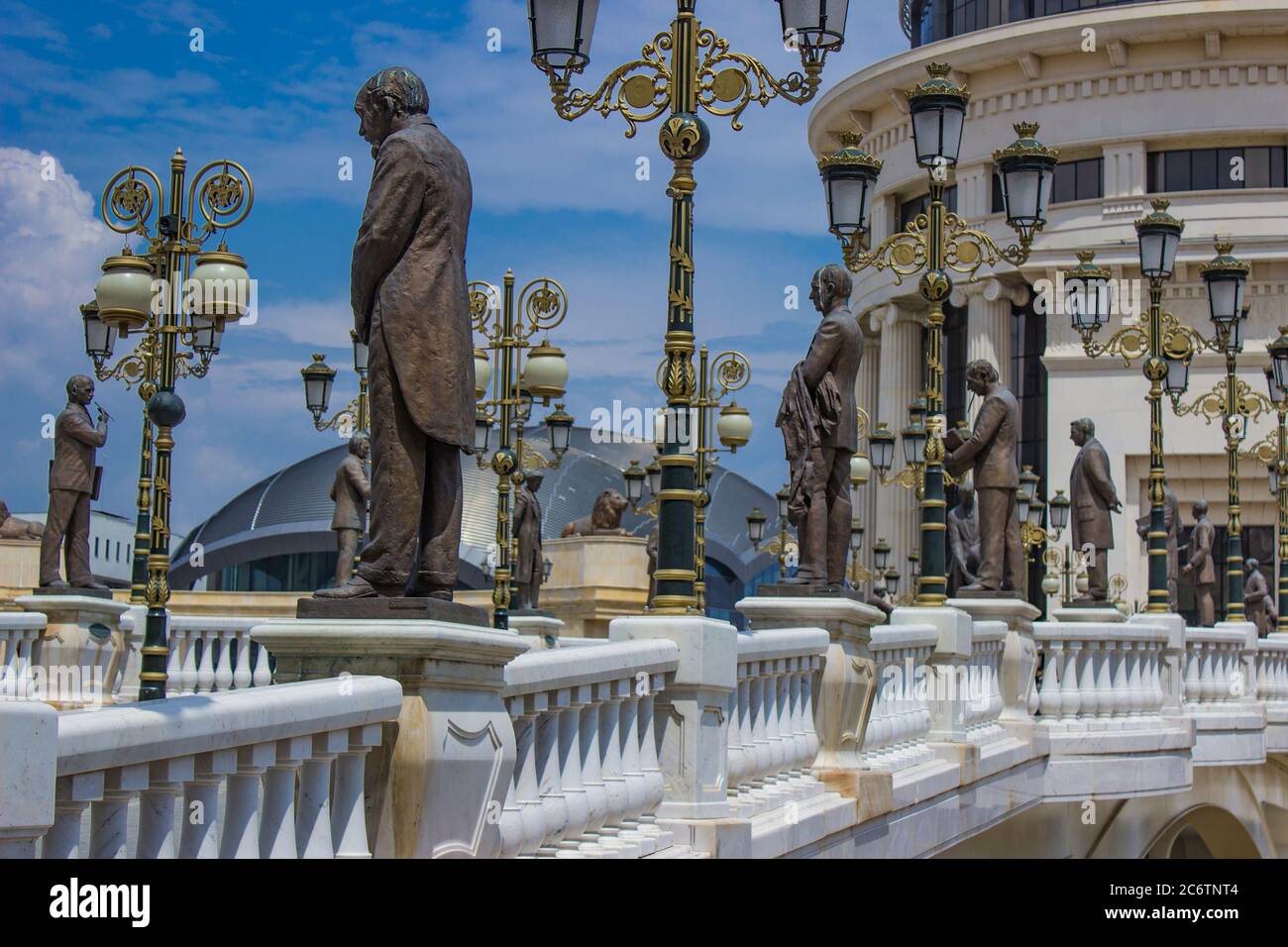 View at sculptures of famous Macedonian people on the Art bridge in
