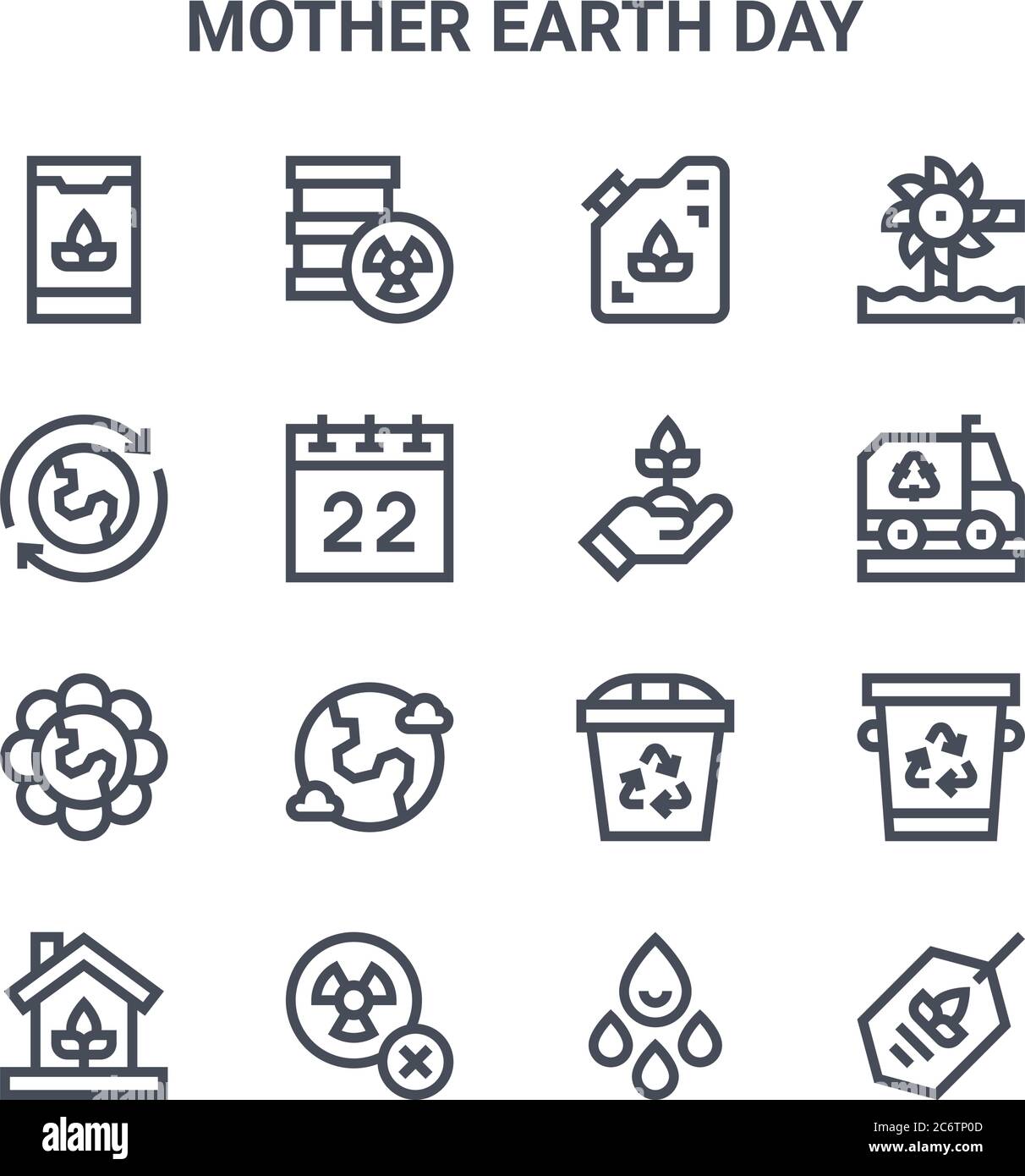 set of 16 mother earth day concept vector line icons. 64x64 thin stroke icons such as radioactive, recycle, recycling truck, recycle bin, no nuclear, Stock Vector