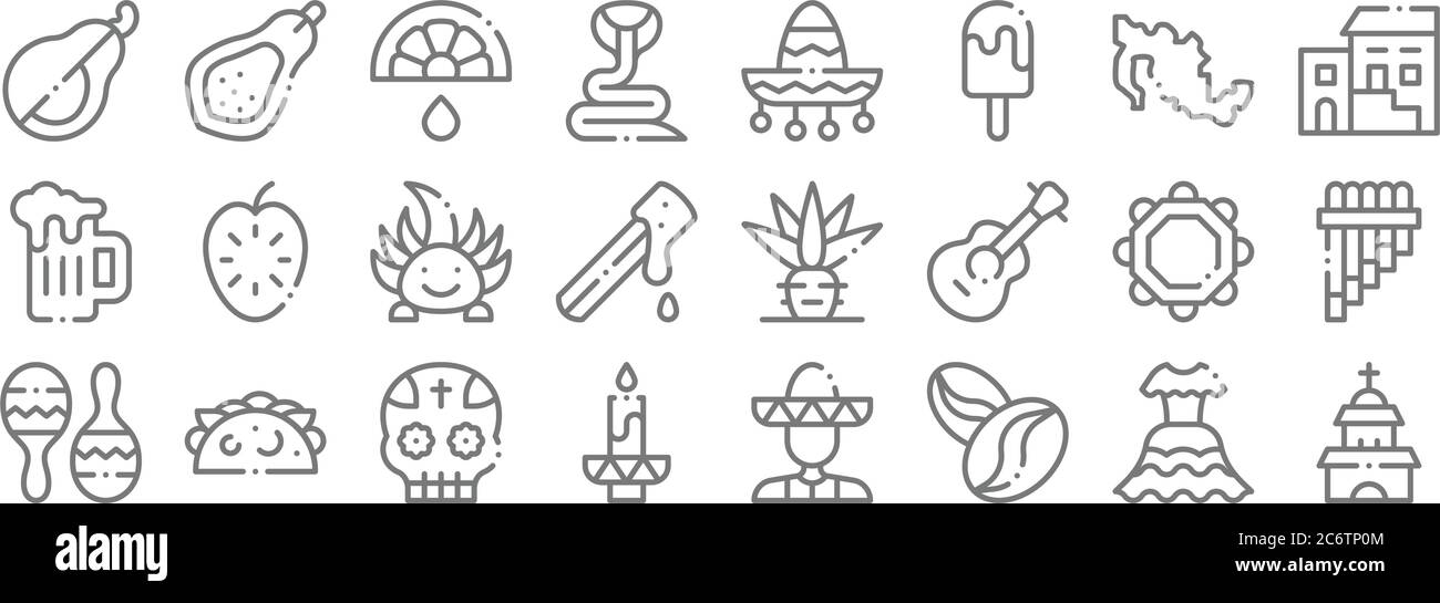 mexico line icons. linear set. quality vector line set such as temple, coffee beans, candle, maracas, jarocho, ajolote, traditional, mexican, papaya Stock Vector
