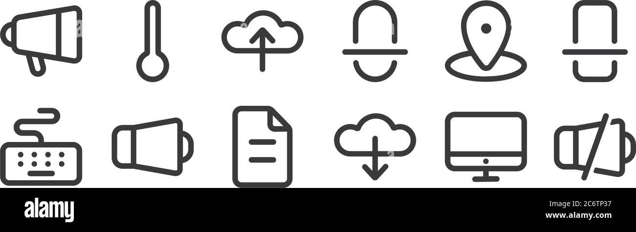12 set of linear device icons. thin outline icons such as mute ...