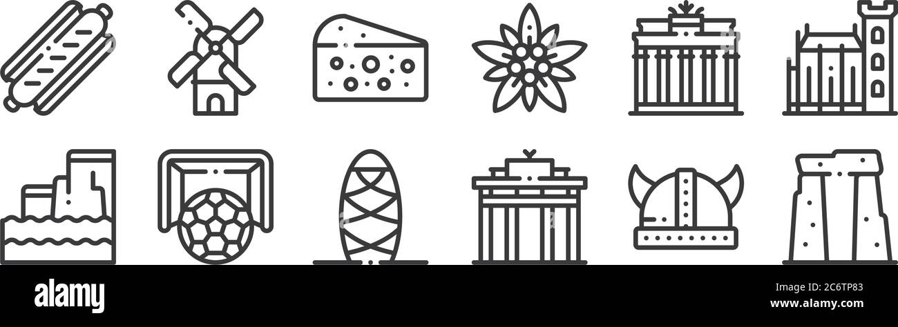 12 set of linear europe icons. thin outline icons such as stonehenge, gate, soccer, brandenburg gate, roquefort, windmill for web, mobile Stock Vector