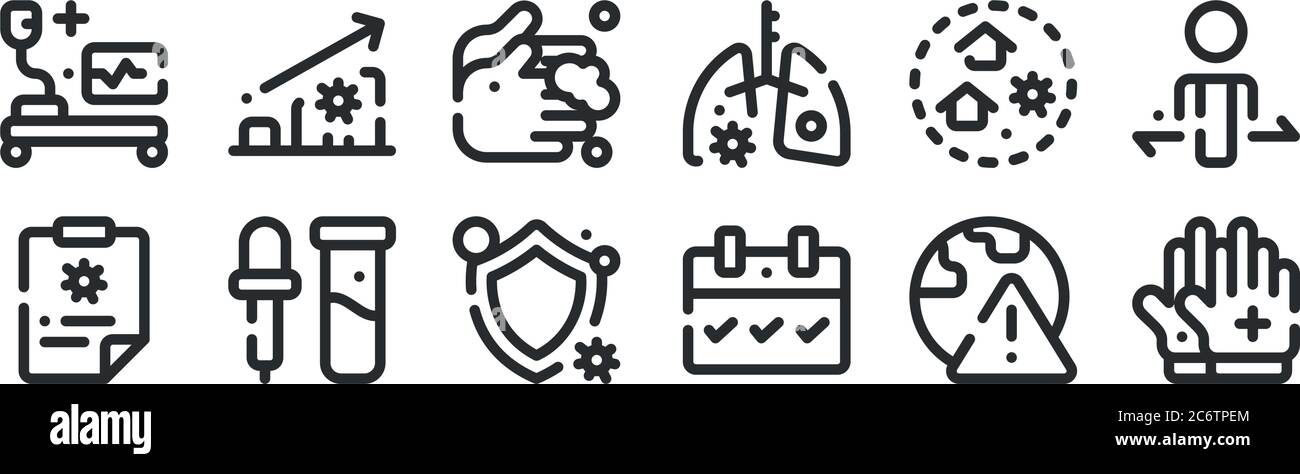set of 12 thin outline icons such as gloves, calendar, vaccine ...