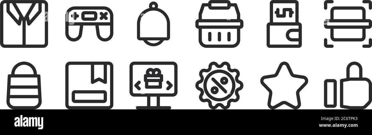 set of 12 thin outline icons such as like, discount, box, wallet, notification, gamepad for web, mobile Stock Vector