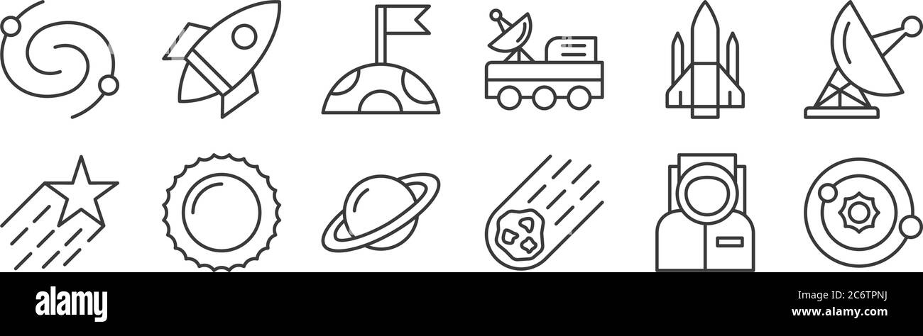 12 set of linear space icons. thin outline icons such as solar system ...