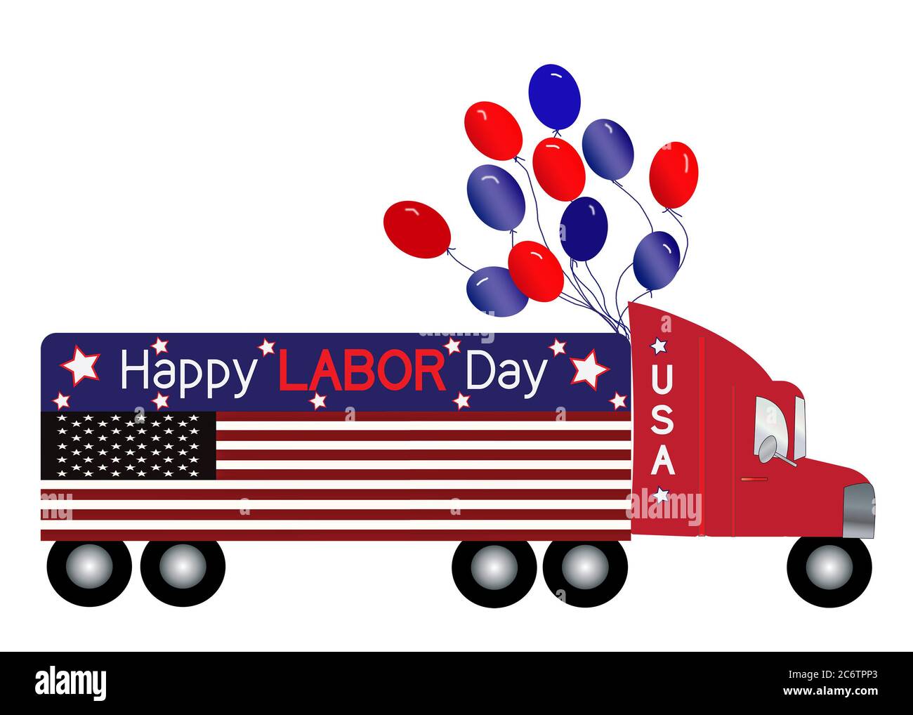 American holiday, Labor Day, graphic illustration of a large semi-truck decorated patriotically with the American Flag the full length of the truck Stock Photo