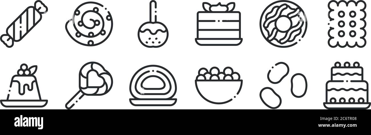 set of 12 thin outline icons such as birthday cake, candies, lollipop, donut, caramelized apple, cinnamon roll for web, mobile Stock Vector