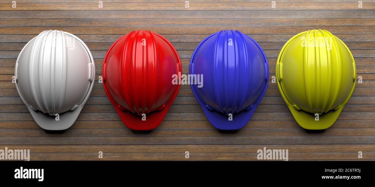 Work safety protection equipment. Industrial protective hardhats on wooden background. Personal health and safety concept. 3d illustration Stock Photo
