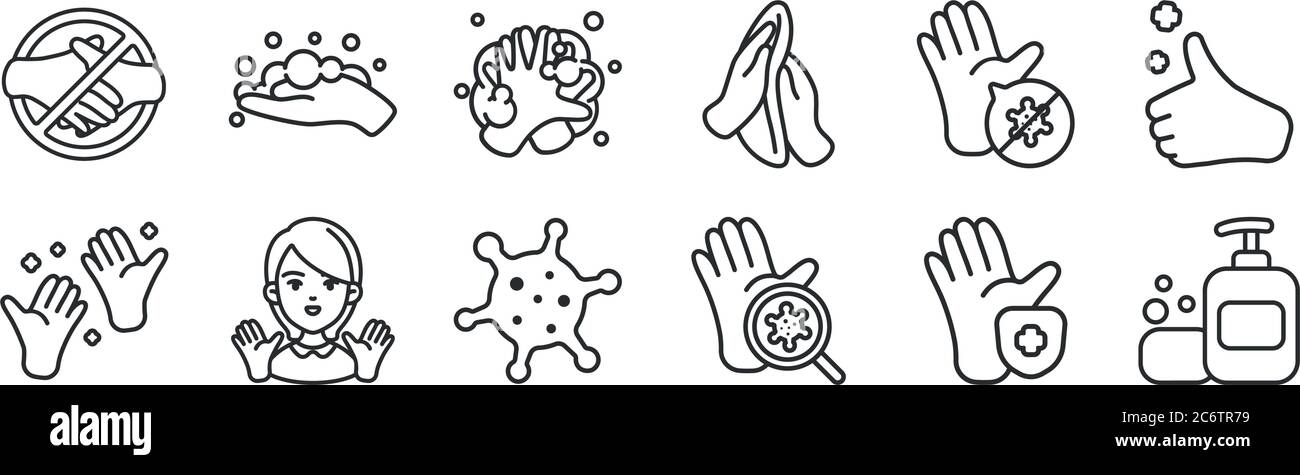 set of 12 thin outline icons such as soap, coronavirus, adviser ...