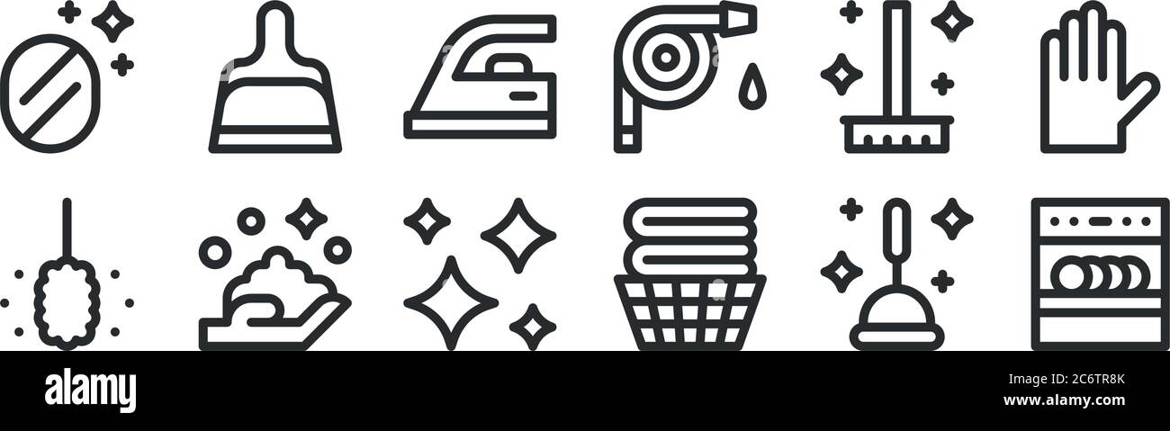 set of 12 thin outline icons such as dishwasher, clean clothes, hand ...