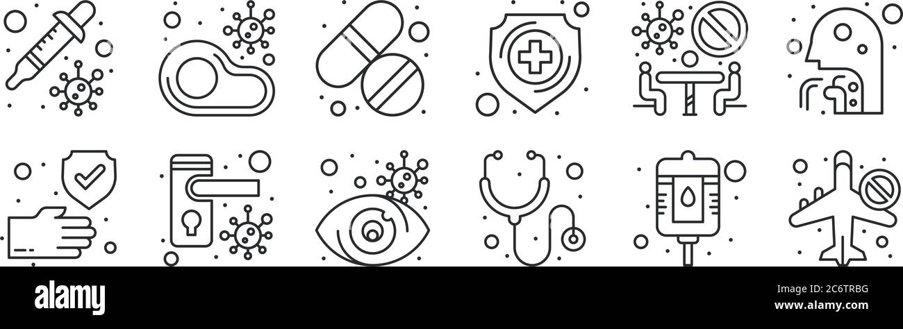set of 12 thin outline icons such as no traveling, stethoscope, doorknob, banned, medicine, infected for web, mobile Stock Vector