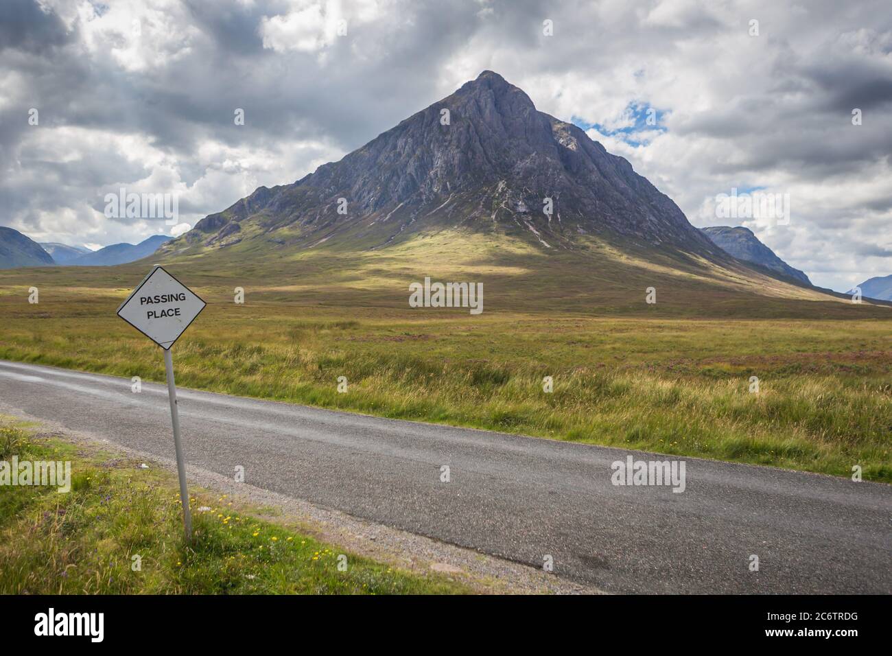 Passing Place Sign at Buachaille Etive Mor Glencoe Scottish Highlands Scotland United Kingdom Stock Photo