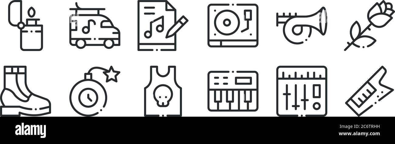 set of 12 thin outline icons such as keytar, piano keyboard, bomb, trumpet, music files, van for web, mobile Stock Vector