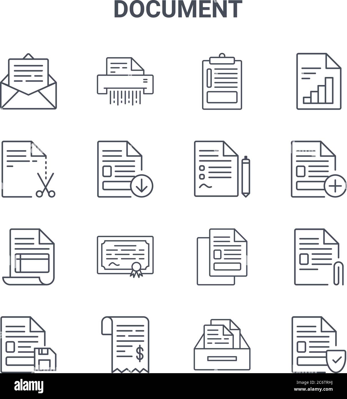set of 16 document concept vector line icons. 64x64 thin stroke icons such as sh, cut, create, copy, receipt, protection, archive, contract, report Stock Vector