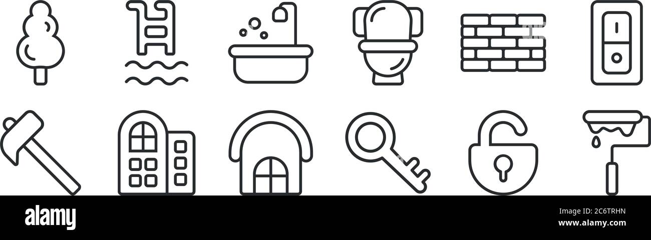 set of 12 thin outline icons such as paint roller, key, hotels, brickwall, bathroom, swimming pool for web, mobile Stock Vector