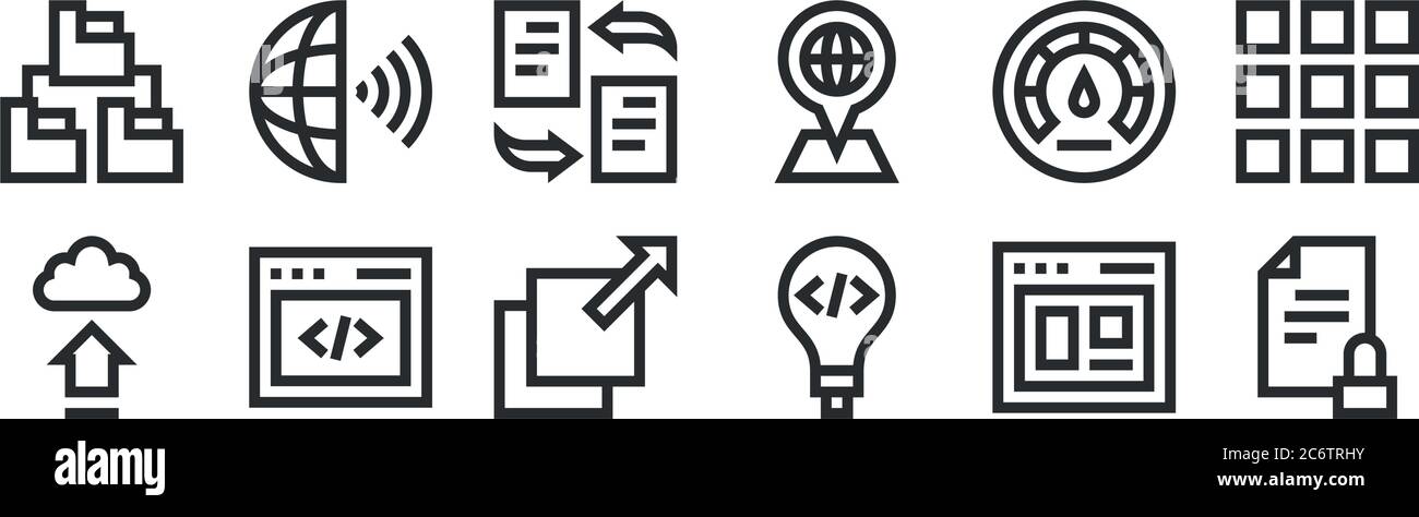 set of 12 thin outline icons such as document, invention, code, optimization, flies, earth globe for web, mobile Stock Vector