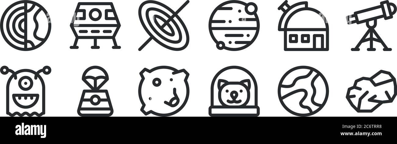 set of 12 thin outline icons such as asteroid, cat, space capsule ...