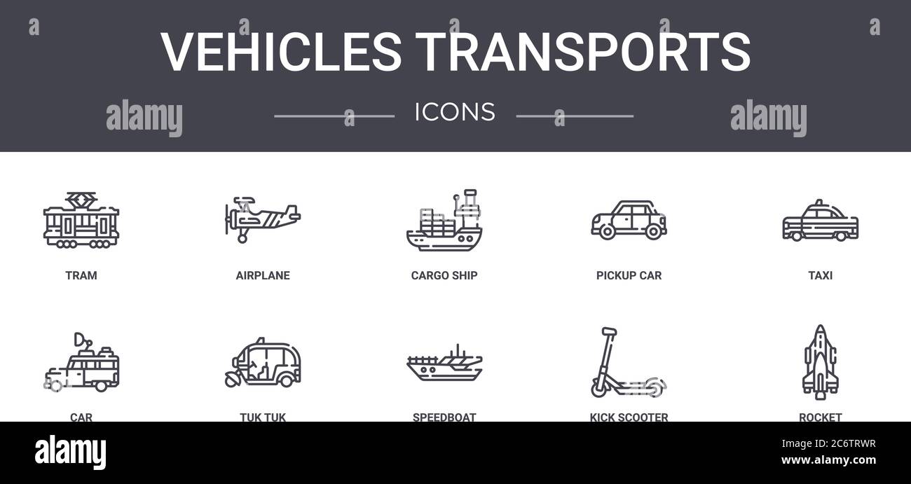 vehicles transports concept line icons set. contains icons usable for web, logo, ui/ux such as airplane, pickup car, car, speedboat, kick scooter, roc Stock Vector
