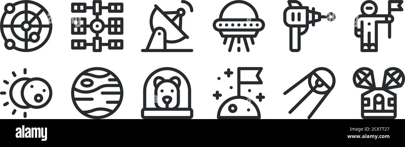 set of 12 thin outline icons such as space capsule, flag, mercury ...