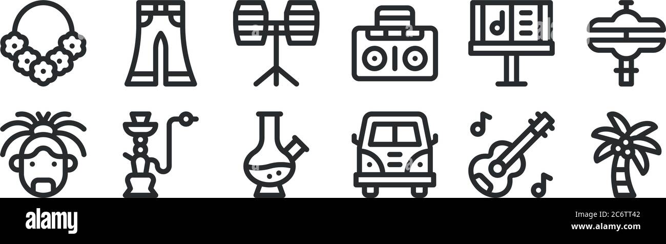 set of 12 thin outline icons such as palm tree, van, hookah, music stand, bongo, pants for web, mobile Stock Vector