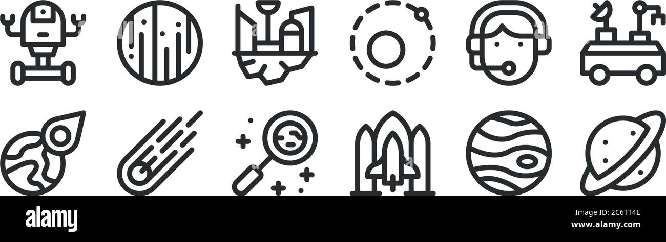 set of 12 thin outline icons such as saturn, spaceship, meteorite, call ...