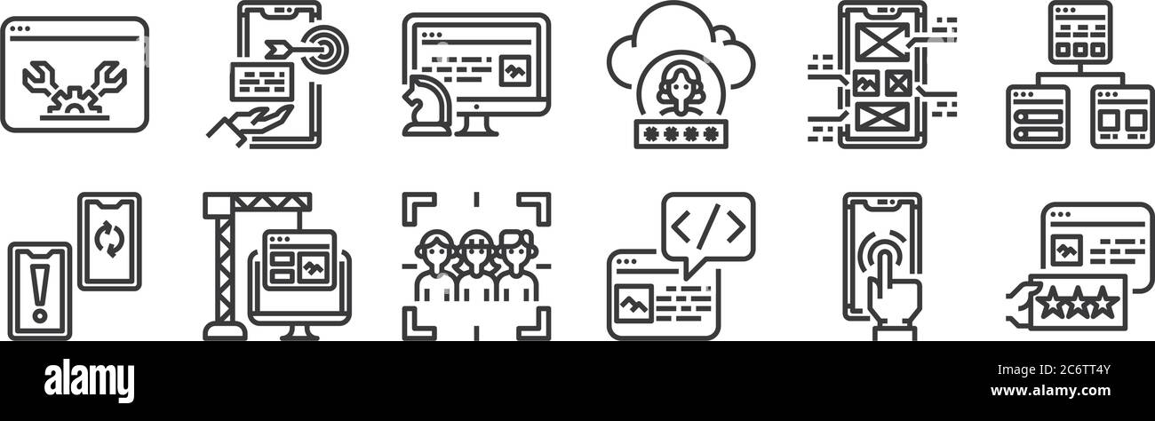 12 set of linear user experience icons. thin outline icons such as feedback, code, development, layout, content strategy, content for web, mobile Stock Vector