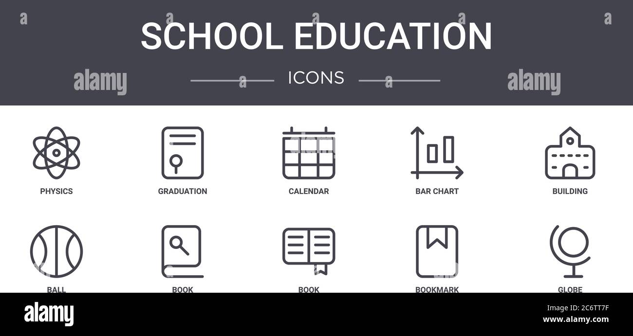 school education concept line icons set. contains icons usable for web, logo, ui/ux such as graduation, bar chart, ball, book, bookmark, globe, buildi Stock Vector