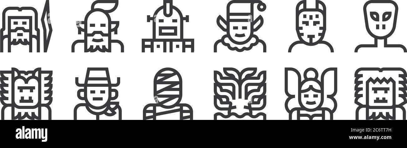 12 set of linear fantastic characters icons. thin outline icons such as yeti, kraken, cowboy, kitsune, robot, genius for web, mobile Stock Vector