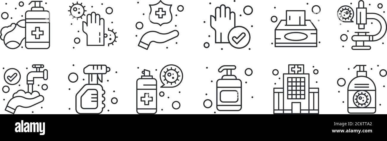 set of 12 thin outline icons such as hand sanitizer, hand sanitizer, spray bottle, tissue paper, clean, virus for web, mobile Stock Vector