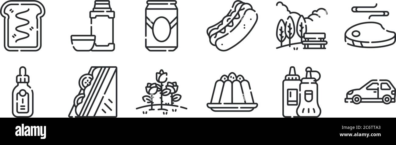 set of 12 thin outline icons such as car, pudding, sandwich, park, beer can, hot drink for web, mobile Stock Vector