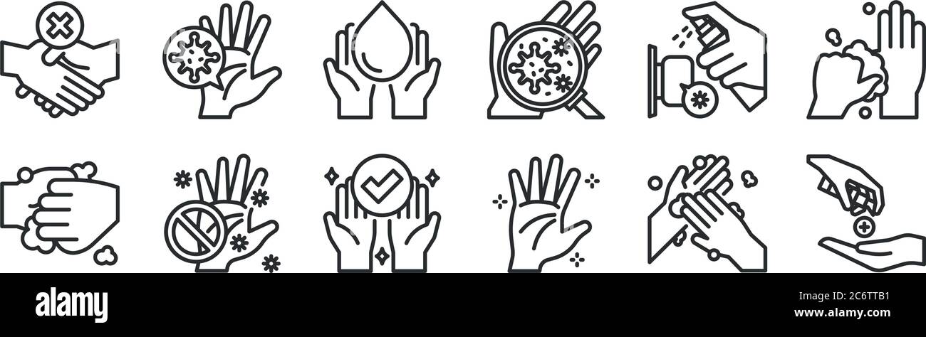 set of 12 thin outline icons such as hand sanitizer, hand, dont touch ...