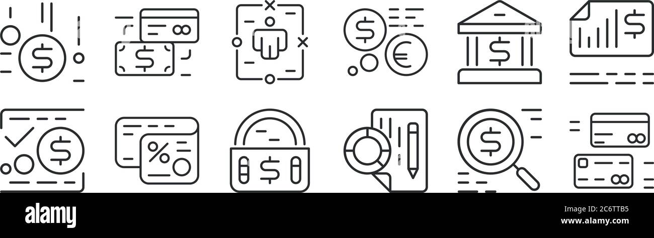 set of 12 thin outline icons such as cit card, statistic, taxes, bank, strategy, payment method for web, mobile Stock Vector