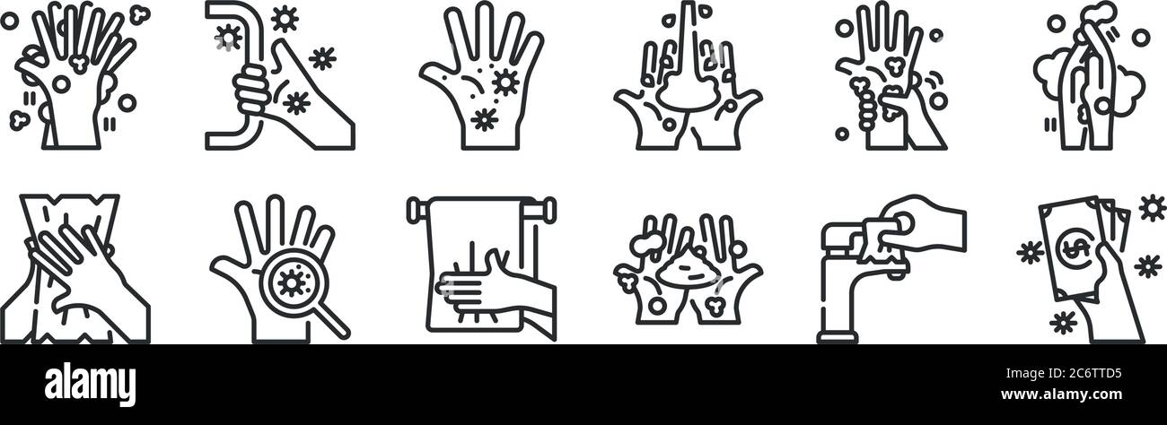 set of 12 thin outline icons such as money, hand washing, hand, hand washing, door for web, mobile Stock Vector