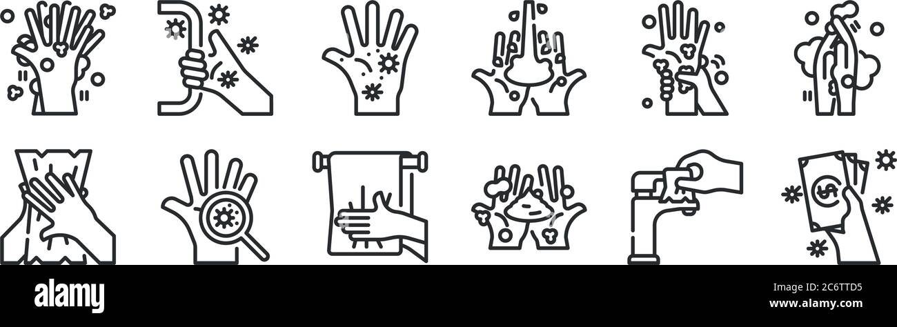set of 12 thin outline icons such as money, hand washing, hand, hand ...